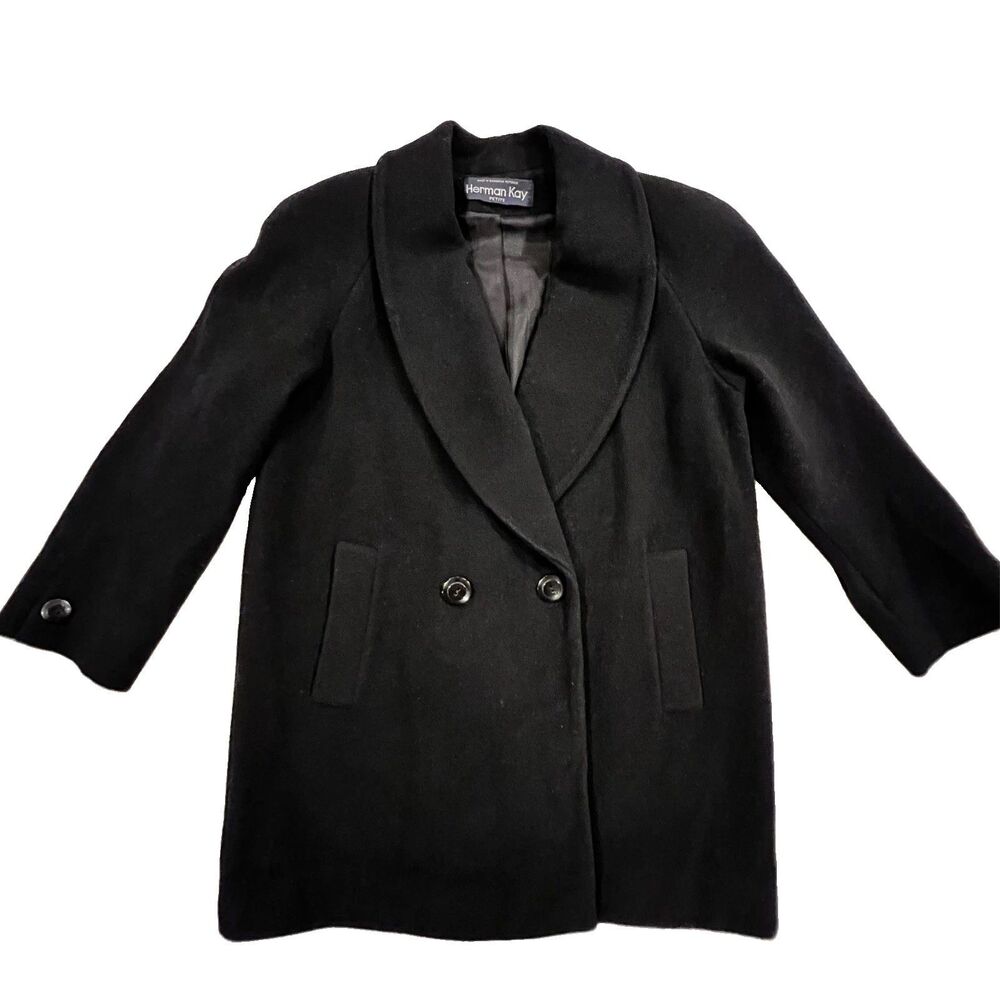 Herman Kay Petite Black Shawl Collar Double Breasted Tailored Office Coat 6 VTG
